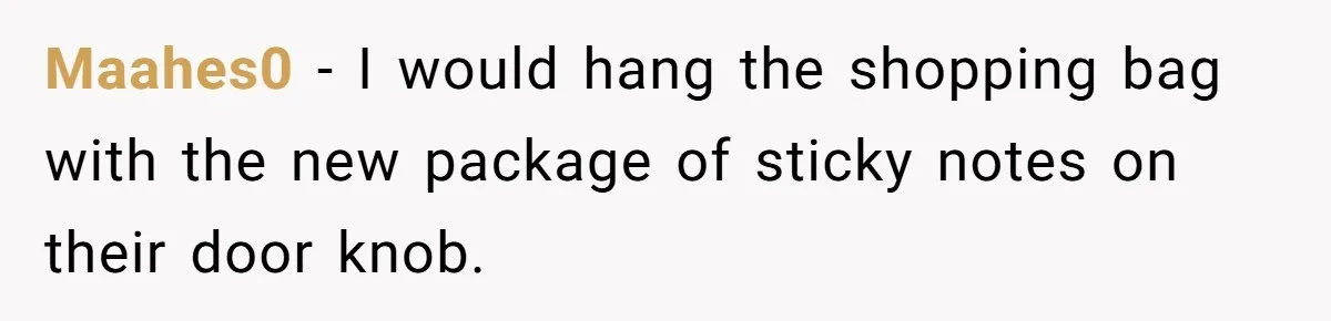 Maahes0 − I would hang the shopping bag with the new package of sticky notes on their door knob.