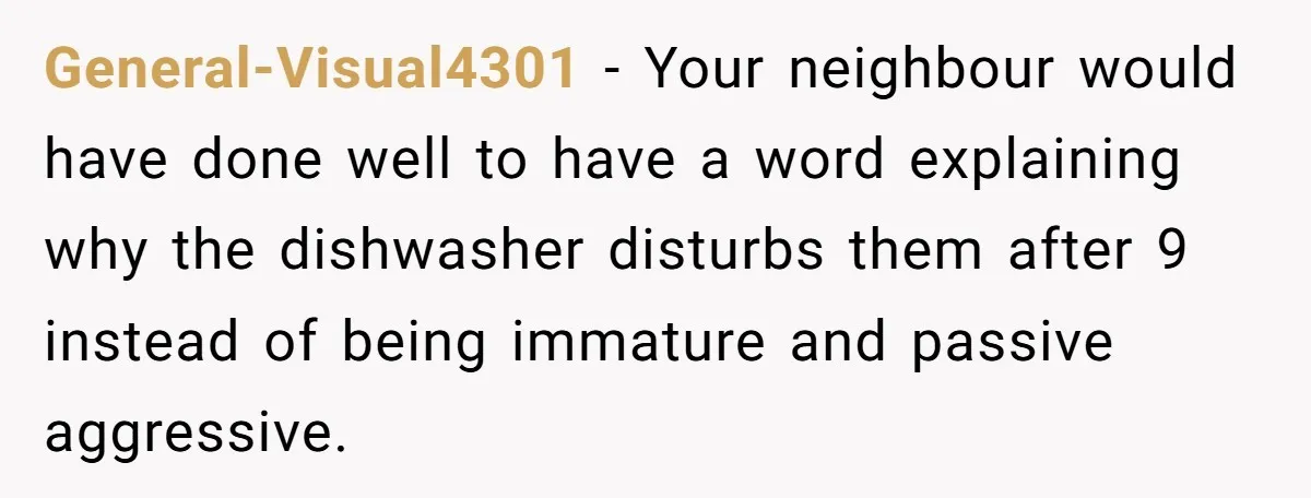 General-Visual4301 − Your neighbour would have done well to have a word explaining why the dishwasher disturbs them after 9 instead of being immature and passive aggressive.