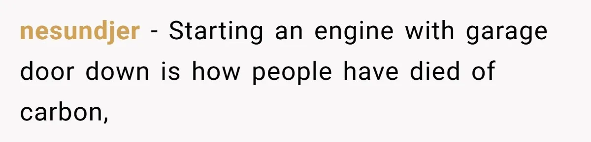 nesundjer − Starting an engine with garage door down is how people have died of carbon,