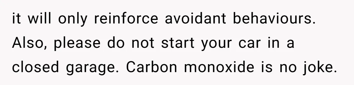 it will only reinforce avoidant behaviours. Also, please do not start your car in a closed garage. Carbon monoxide is no joke.