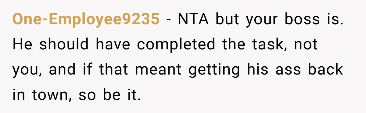 One-Employee9235 − NTA but your boss is. He should have completed the task, not you, and if that meant getting his ass back in town, so be it.