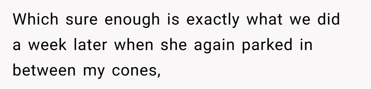 Which sure enough is exactly what we did a week later when she again parked in between my cones,