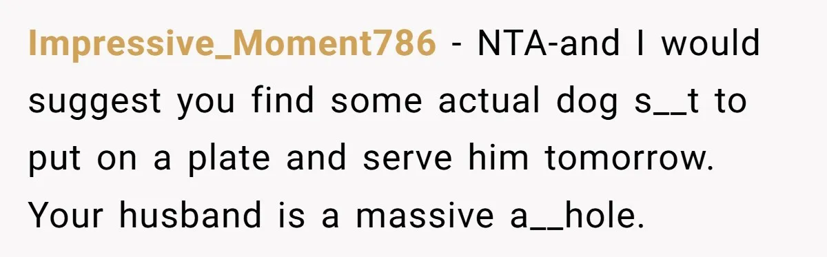 Impressive_Moment786 − NTA-and I would suggest you find some actual dog s__t to put on a plate and serve him tomorrow. Your husband is a massive a__hole.