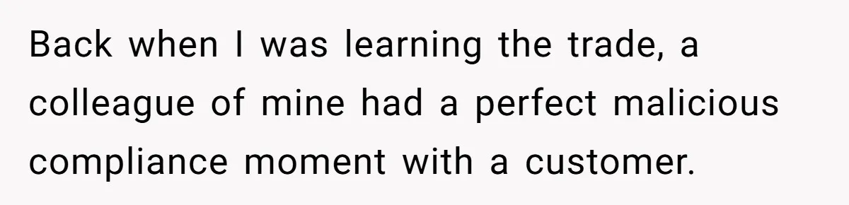 Back when I was learning the trade, a colleague of mine had a perfect malicious compliance moment with a customer.