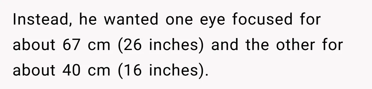 Instead, he wanted one eye focused for about 67 cm (26 inches) and the other for about 40 cm (16 inches).