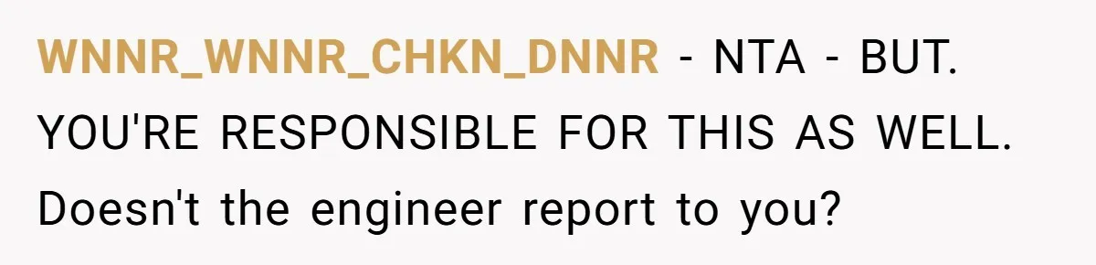WNNR_WNNR_CHKN_DNNR − NTA - BUT. YOU'RE RESPONSIBLE FOR THIS AS WELL. Doesn't the engineer report to you?