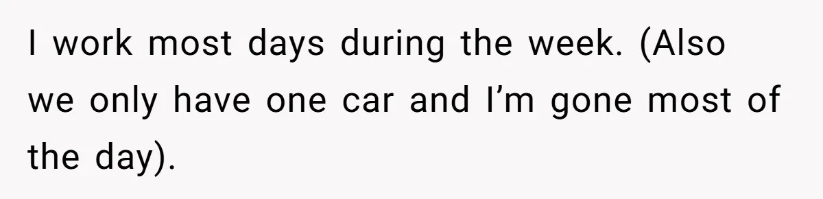I work most days during the week. (Also we only have one car and I’m gone most of the day).