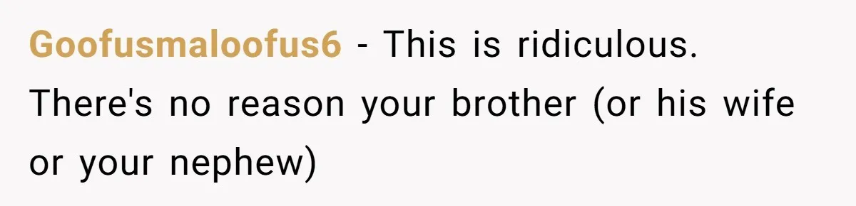 Goofusmaloofus6 − This is ridiculous. There's no reason your brother (or his wife or your nephew)
