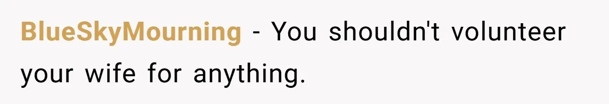 BlueSkyMourning − You shouldn't volunteer your wife for anything.