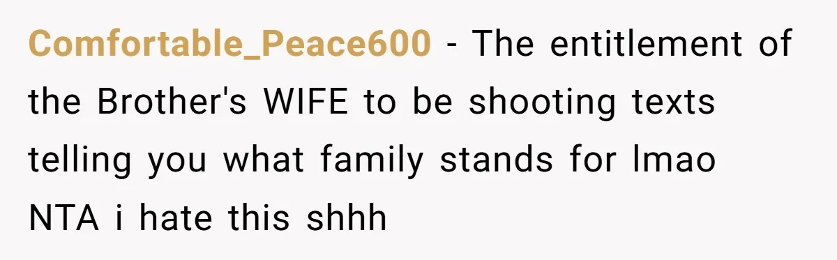 Comfortable_Peace600 − The entitlement of the Brother's WIFE to be shooting texts telling you what family stands for lmao NTA i hate this shhh