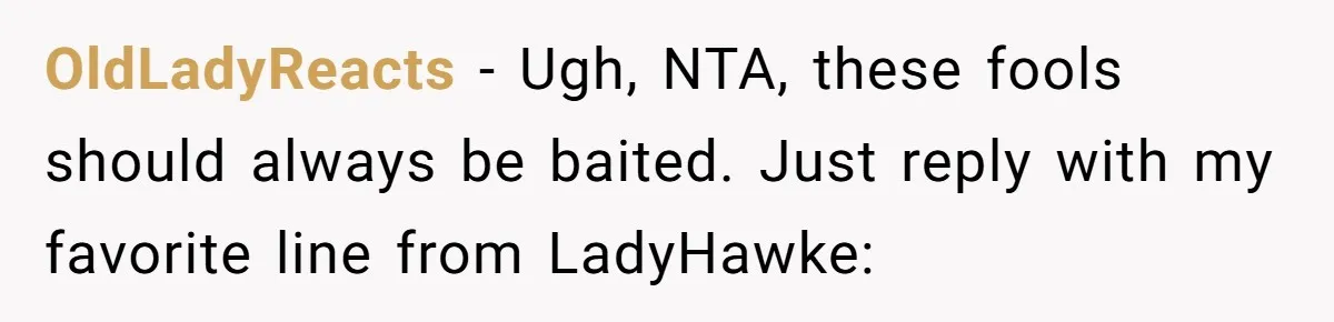 OldLadyReacts − Ugh, NTA, these fools should always be baited. Just reply with my favorite line from LadyHawke: