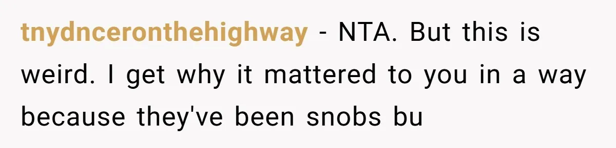 tnydnceronthehighway − NTA. But this is weird. I get why it mattered to you in a way because they've been snobs bu