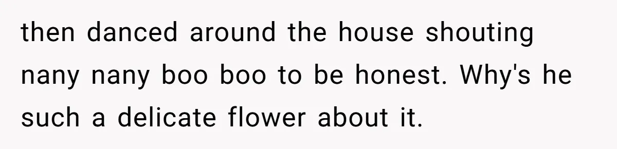 then danced around the house shouting nany nany boo boo to be honest. Why's he such a delicate flower about it.