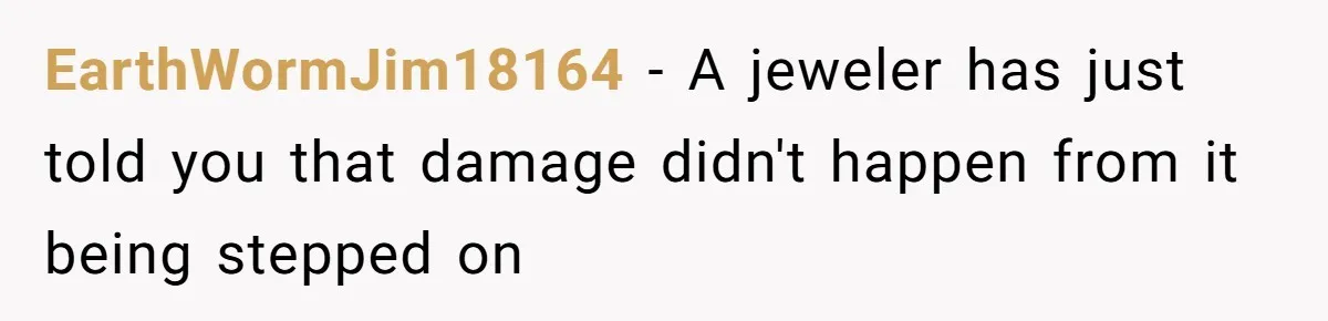 EarthWormJim18164 − A jeweler has just told you that damage didn't happen from it being stepped on