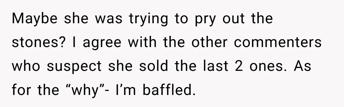 Maybe she was trying to pry out the stones? I agree with the other commenters who suspect she sold the last 2 ones. As for the “why”- I’m baffled.