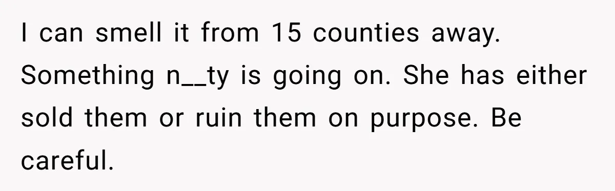 I can smell it from 15 counties away. Something n__ty is going on. She has either sold them or ruin them on purpose. Be careful.