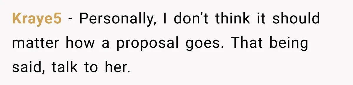 Kraye5 − Personally, I don’t think it should matter how a proposal goes. That being said, talk to her.