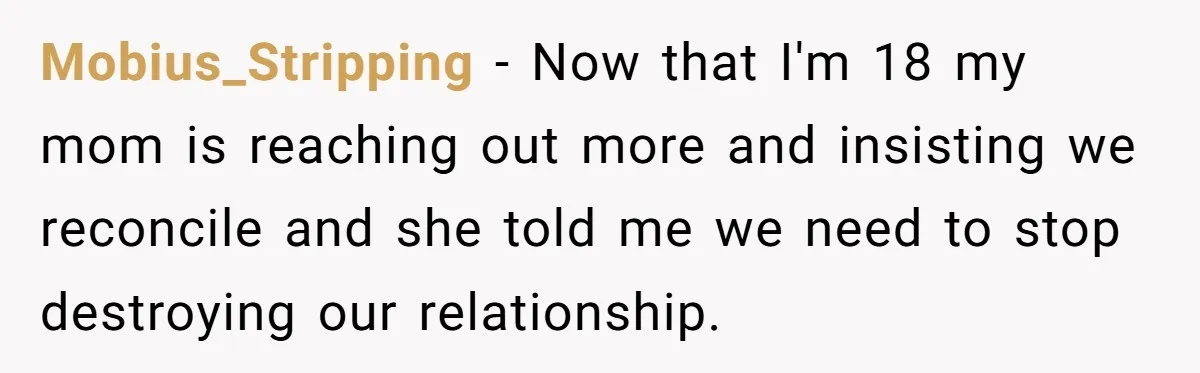 Mobius_Stripping − Now that I'm 18 my mom is reaching out more and insisting we reconcile and she told me we need to stop destroying our relationship.