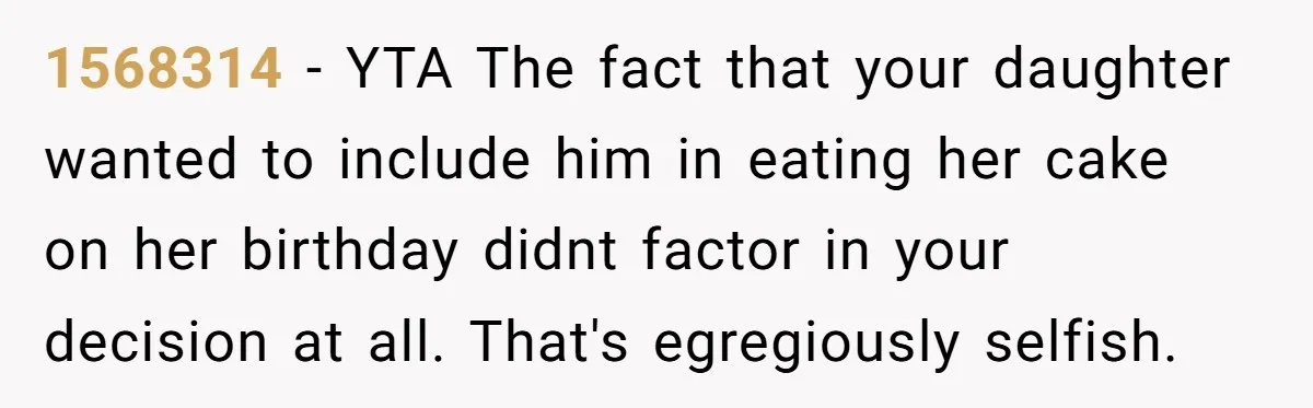 He Refused to Let a Boy Join His Daughter's Birthday Party. Now He's Wondering If He Ruined the Day. 1568314 − YTA The fact that your daughter wanted to include him in eating her cake on her birthday didnt factor in your decision at all. That's egregiously selfish.