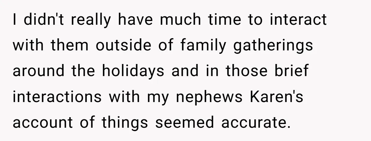 I didn't really have much time to interact with them outside of family gatherings around the holidays and in those brief interactions with my nephews Karen's account of things seemed...