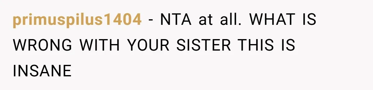 primuspilus1404 − NTA at all. WHAT IS WRONG WITH YOUR SISTER THIS IS INSANE