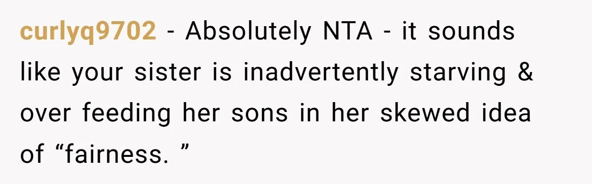 curlyq9702 − Absolutely NTA - it sounds like your sister is inadvertently starving & over feeding her sons in her skewed idea of “fairness. ”