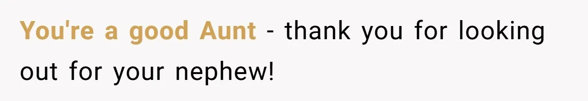 You're a good Aunt - thank you for looking out for your nephew!