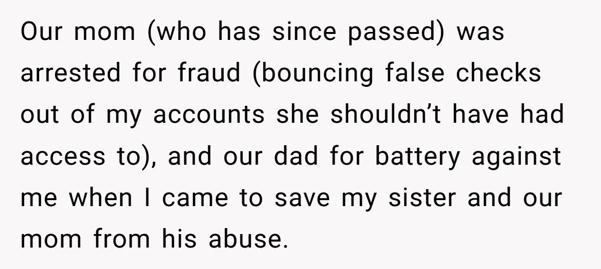Our mom (who has since passed) was arrested for fraud (bouncing false checks out of my accounts she shouldn’t have had access to), and our dad for battery against me...