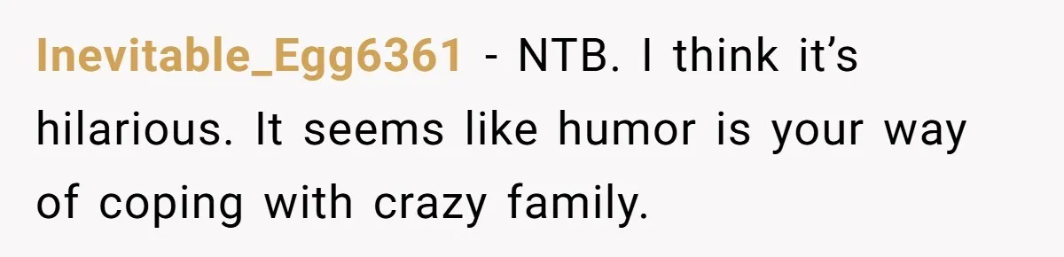 Inevitable_Egg6361 − NTB. I think it’s hilarious. It seems like humor is your way of coping with crazy family.