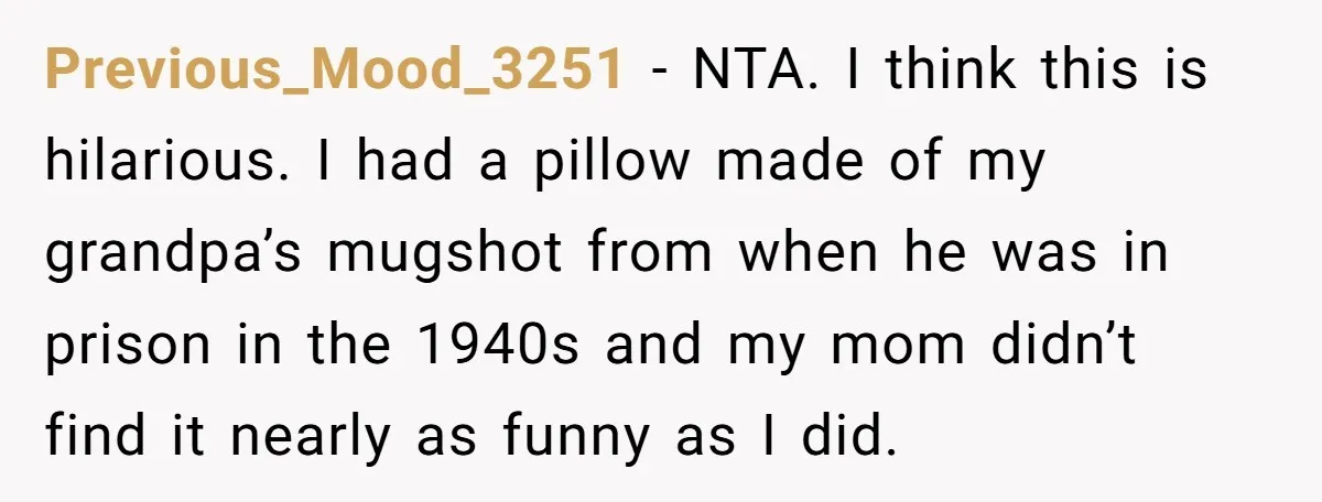 Previous_Mood_3251 − NTA. I think this is hilarious. I had a pillow made of my grandpa’s mugshot from when he was in prison in the 1940s and my mom didn’t...