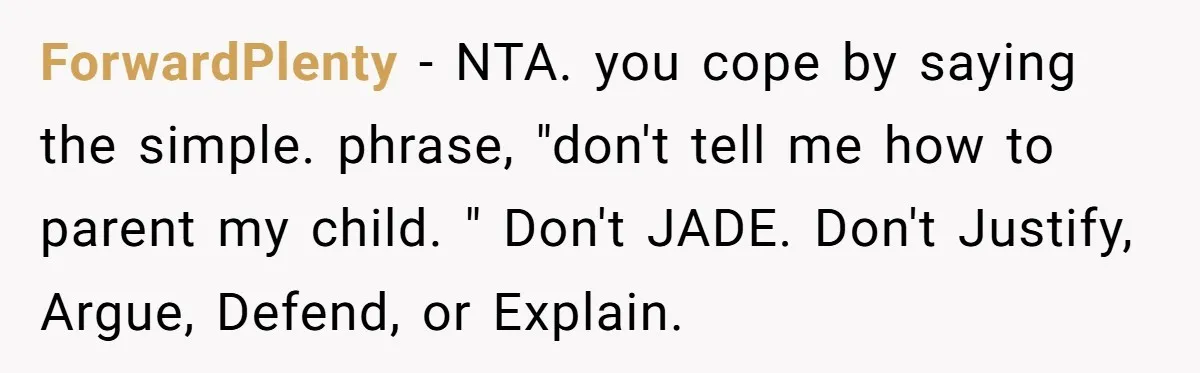 ForwardPlenty − NTA. you cope by saying the simple. phrase, "don't tell me how to parent my child. " Don't JADE. Don't Justify, Argue, Defend, or Explain.
