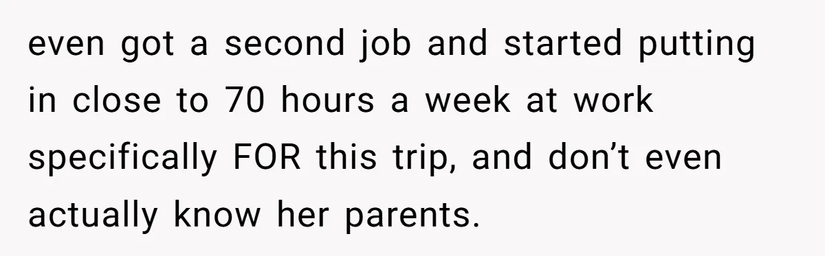 Her In-Laws Wanted Her to Cancel a Long-Planned Graduation Trip, and Wouldn’t Take No for an Answer even got a second job and started putting in close to 70 hours a week at work specifically FOR this trip, and don’t even actually know her parents.