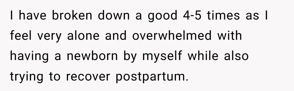 I have broken down a good 4-5 times as I feel very alone and overwhelmed with having a newborn by myself while also trying to recover postpartum.