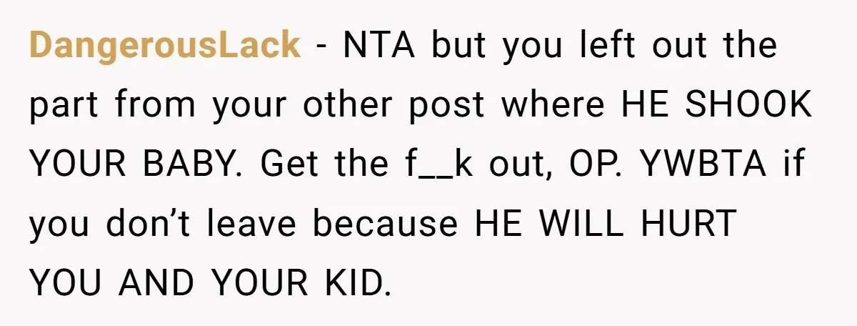 DangerousLack − NTA but you left out the part from your other post where HE SHOOK YOUR BABY. Get the f__k out, OP. YWBTA if you don’t leave because HE...