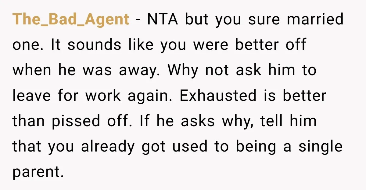 The_Bad_Agent − NTA but you sure married one. It sounds like you were better off when he was away. Why not ask him to leave for work again. Exhausted is...