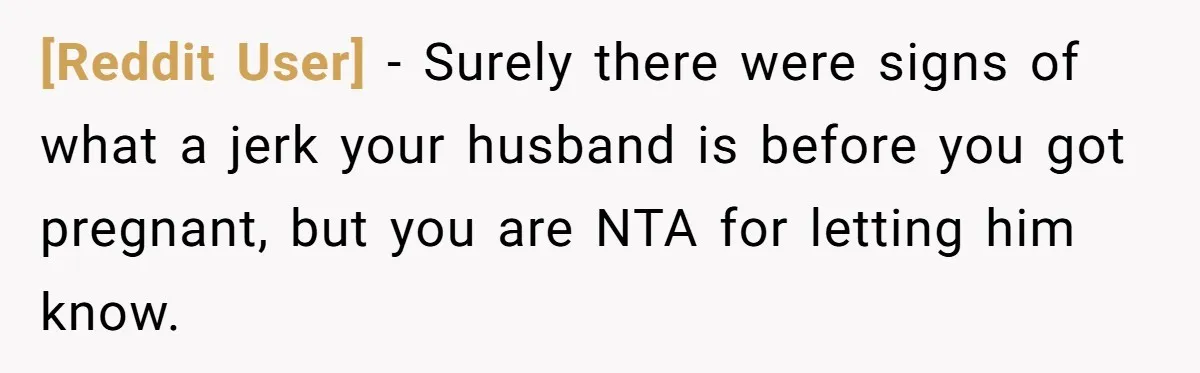 [Reddit User] − Surely there were signs of what a jerk your husband is before you got pregnant, but you are NTA for letting him know.