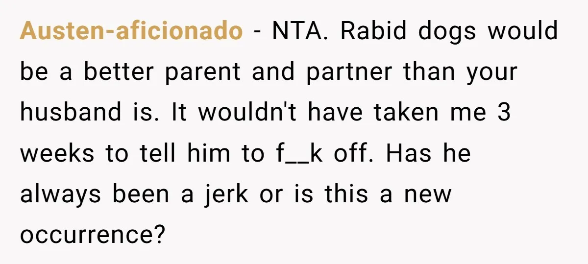 Austen-aficionado − NTA. Rabid dogs would be a better parent and partner than your husband is. It wouldn't have taken me 3 weeks to tell him to f__k off. Has...