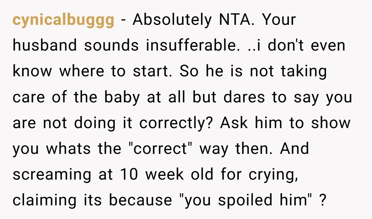 cynicalbuggg − Absolutely NTA. Your husband sounds insufferable. ..i don't even know where to start. So he is not taking care of the baby at all but dares to say...