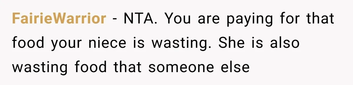 He Stopped His Niece From Serving Herself at Dinner, Now the Entire Family Thinks He’s the Villain FairieWarrior − NTA. You are paying for that food your niece is wasting. She is also wasting food that someone else