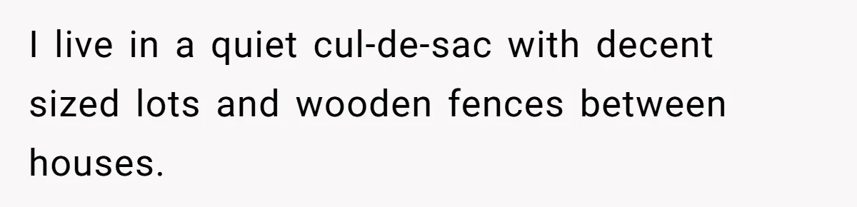 I live in a quiet cul-de-sac with decent sized lots and wooden fences between houses.