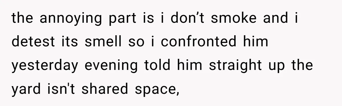 the annoying part is i don’t smoke and i detest its smell so i confronted him yesterday evening told him straight up the yard isn't shared space,