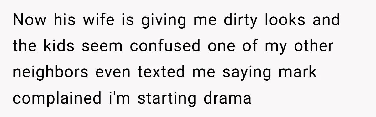 Now his wife is giving me dirty looks and the kids seem confused one of my other neighbors even texted me saying mark complained i'm starting drama