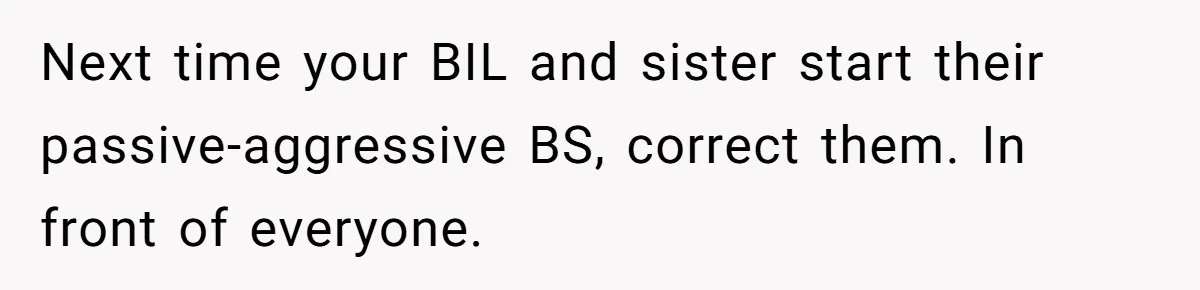 Next time your BIL and sister start their passive-aggressive BS, correct them. In front of everyone.