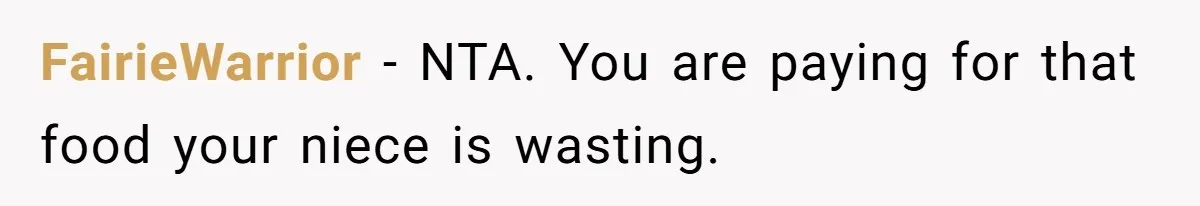 FairieWarrior − NTA. You are paying for that food your niece is wasting.
