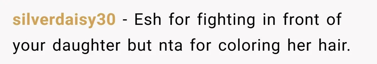 silverdaisy30 − Esh for fighting in front of your daughter but nta for coloring her hair.