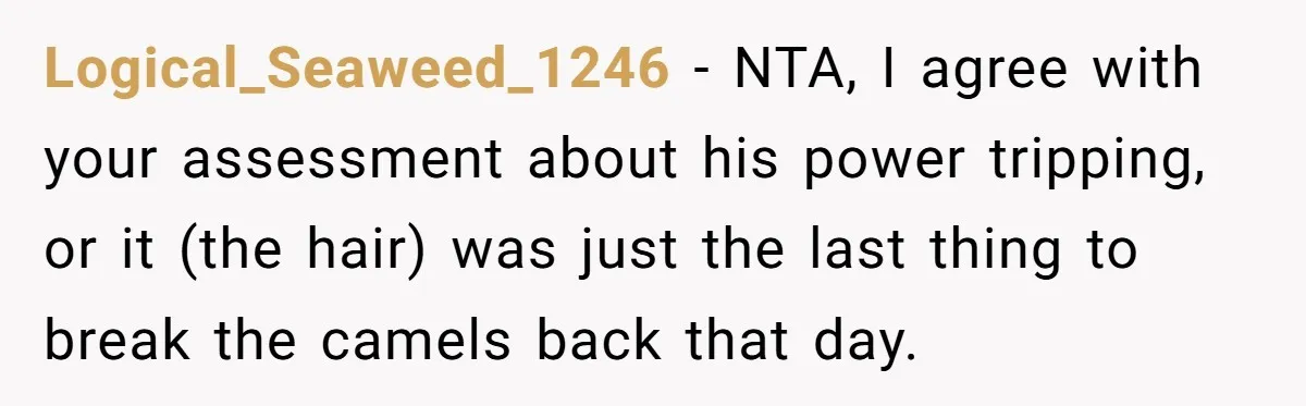 Logical_Seaweed_1246 − NTA, I agree with your assessment about his power tripping, or it (the hair) was just the last thing to break the camels back that day.
