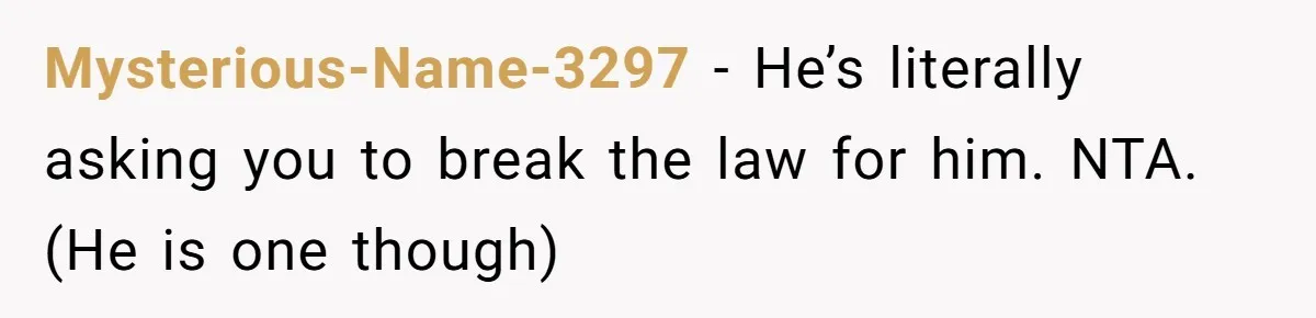Mysterious-Name-3297 − He’s literally asking you to break the law for him. NTA. (He is one though)