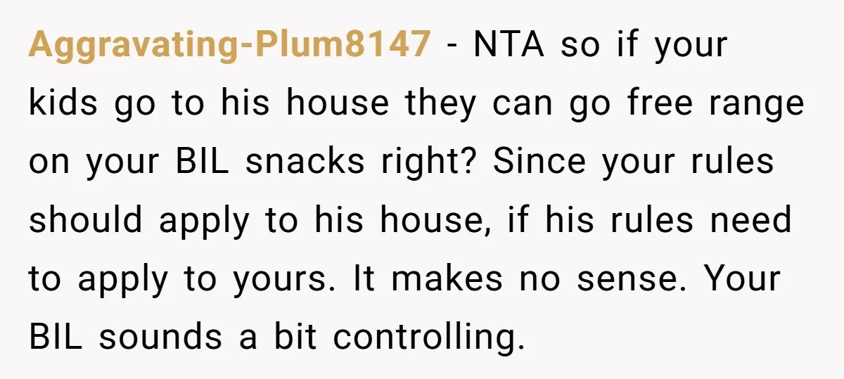 He Demanded Everyone Respect His House Rules, Then Got Furious When His Brother-in-Law Did the Same Aggravating-Plum8147 − NTA so if your kids go to his house they can go free range on your BIL snacks right? Since your rules should apply to his house, if...