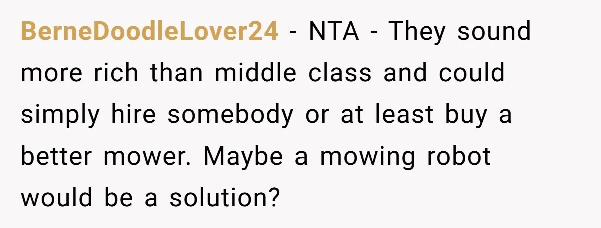BerneDoodleLover24 − NTA - They sound more rich than middle class and could simply hire somebody or at least buy a better mower. Maybe a mowing robot would be a...