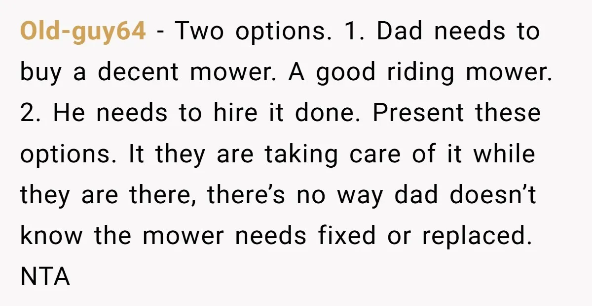 Old-guy64 − Two options. 1. Dad needs to buy a decent mower. A good riding mower. 2. He needs to hire it done. Present these options. It they are taking...